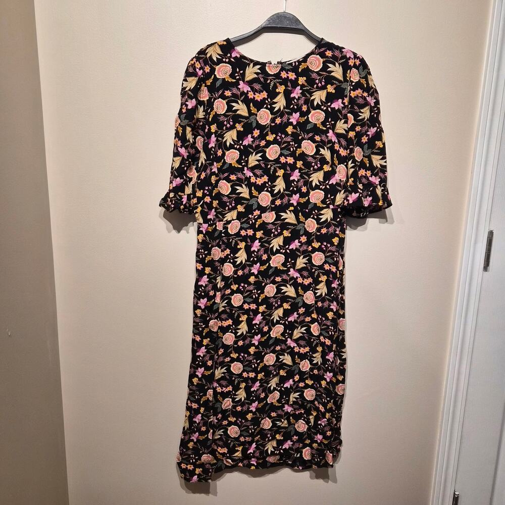 Loft 10 Petite Black Floral Midi Dress with Ruffle Sleeves Side Slit